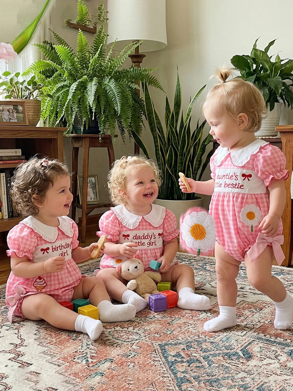 Baby Clothing Girls Short Sleeve Romper Letter Embroidery Plaid Doll Collar Bodysuit with Bow Newborn Clothes