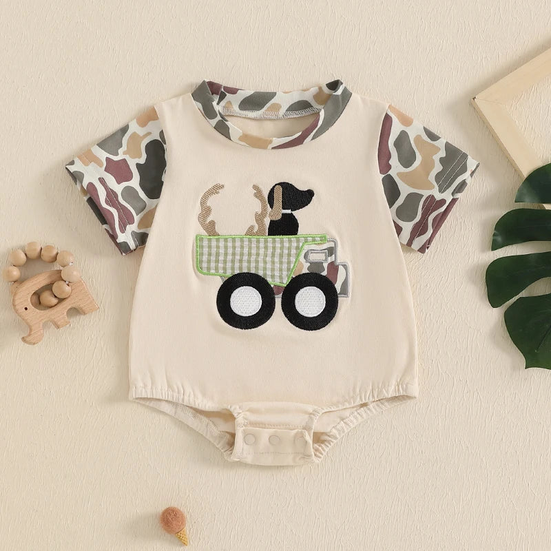 Baby Boys Girls Romper Short Sleeve Crew Neck Dog Truck Embroidery Bodysuit Newborn Playsuit