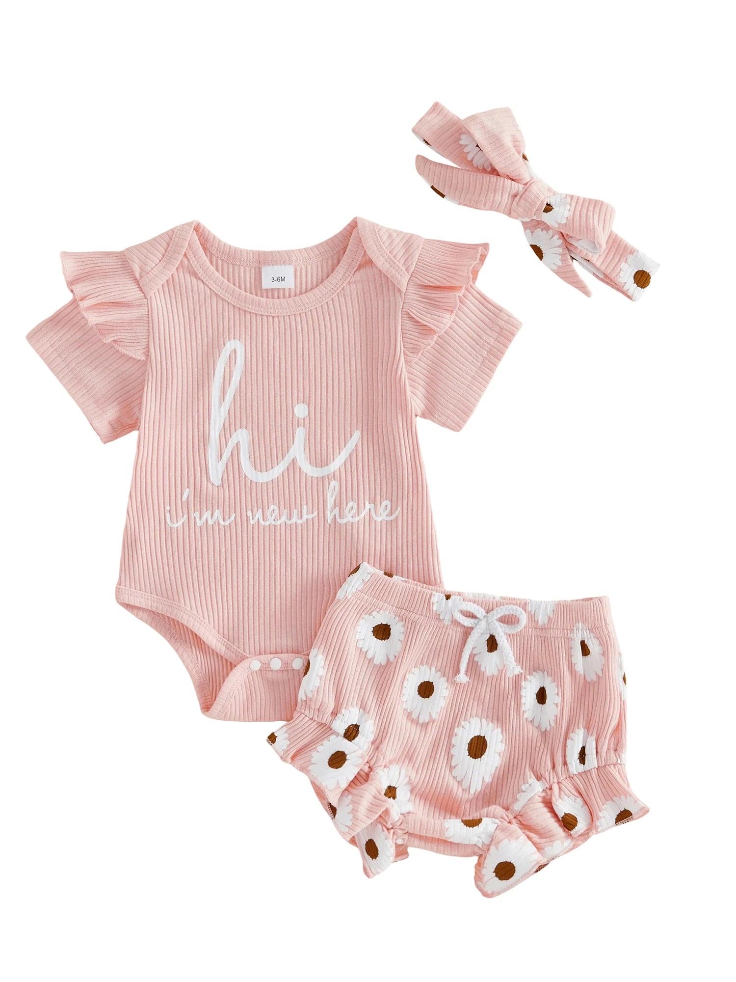 Toddler Girls Floral Print Romper Set with Ruffled Sleeves Matching Shorts and Bow Headband for Summer Outfits