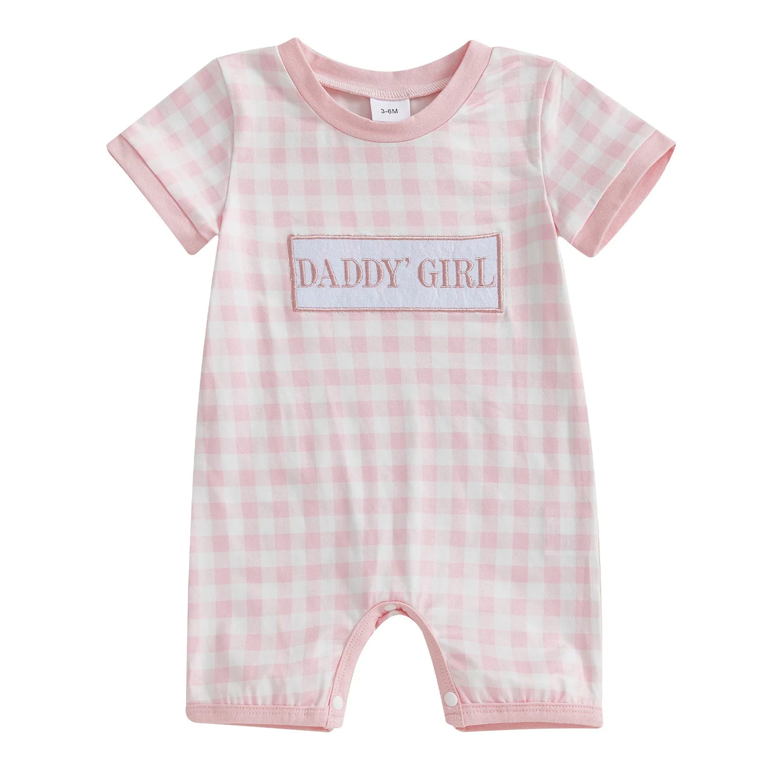 0-18M Baby Girls Jumpsuit, Short Sleeve Crew Neck Plaid Embroidery Letters Casual Romper Clothes