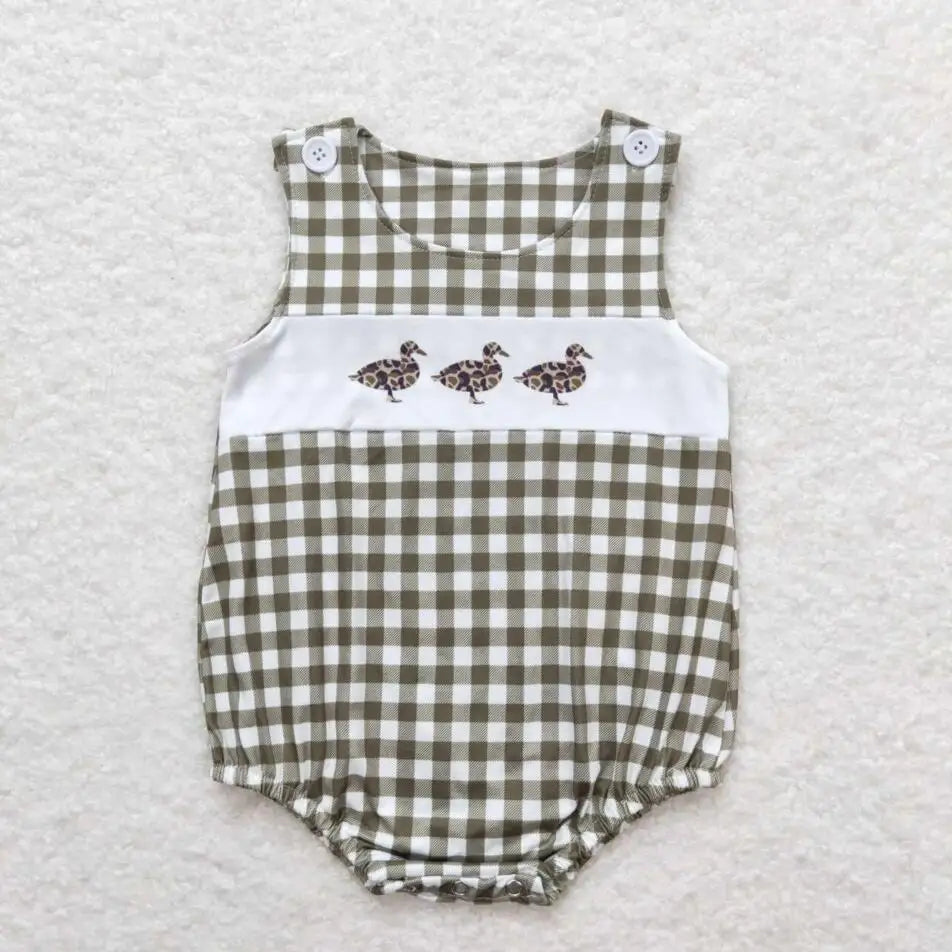 Hot sale Sleeveless ducks button Bubble romper boutique clothing Baby Boys Plaid Ducks Rompers Toddler