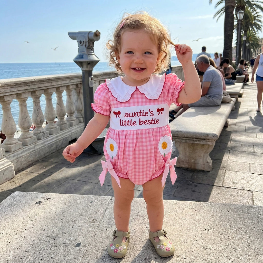 Baby Clothing Girls Short Sleeve Romper Letter Embroidery Plaid Doll Collar Bodysuit with Bow Newborn Clothes