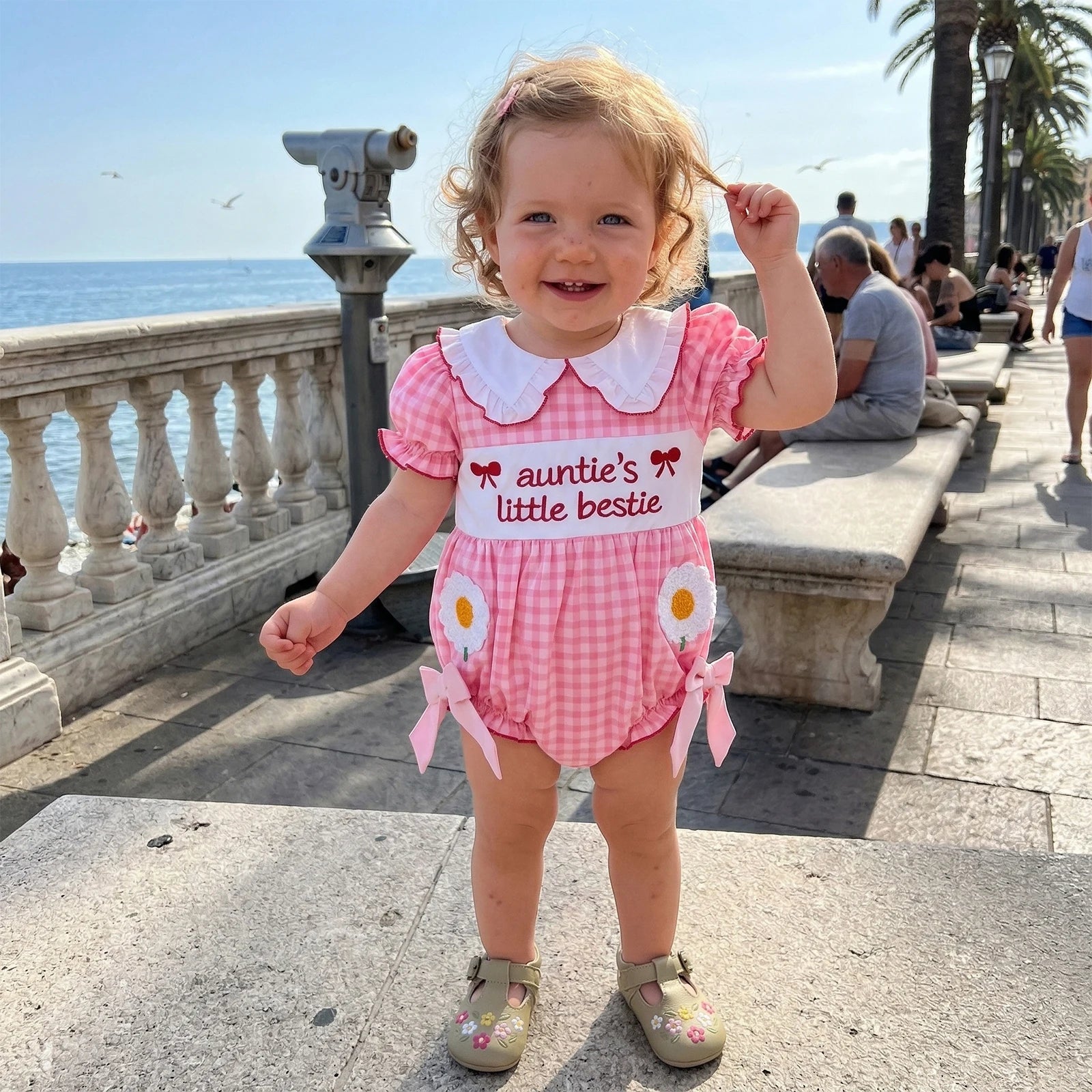 Baby Clothing Girls Short Sleeve Romper Letter Embroidery Plaid Doll Collar Bodysuit with Bow Newborn Clothes