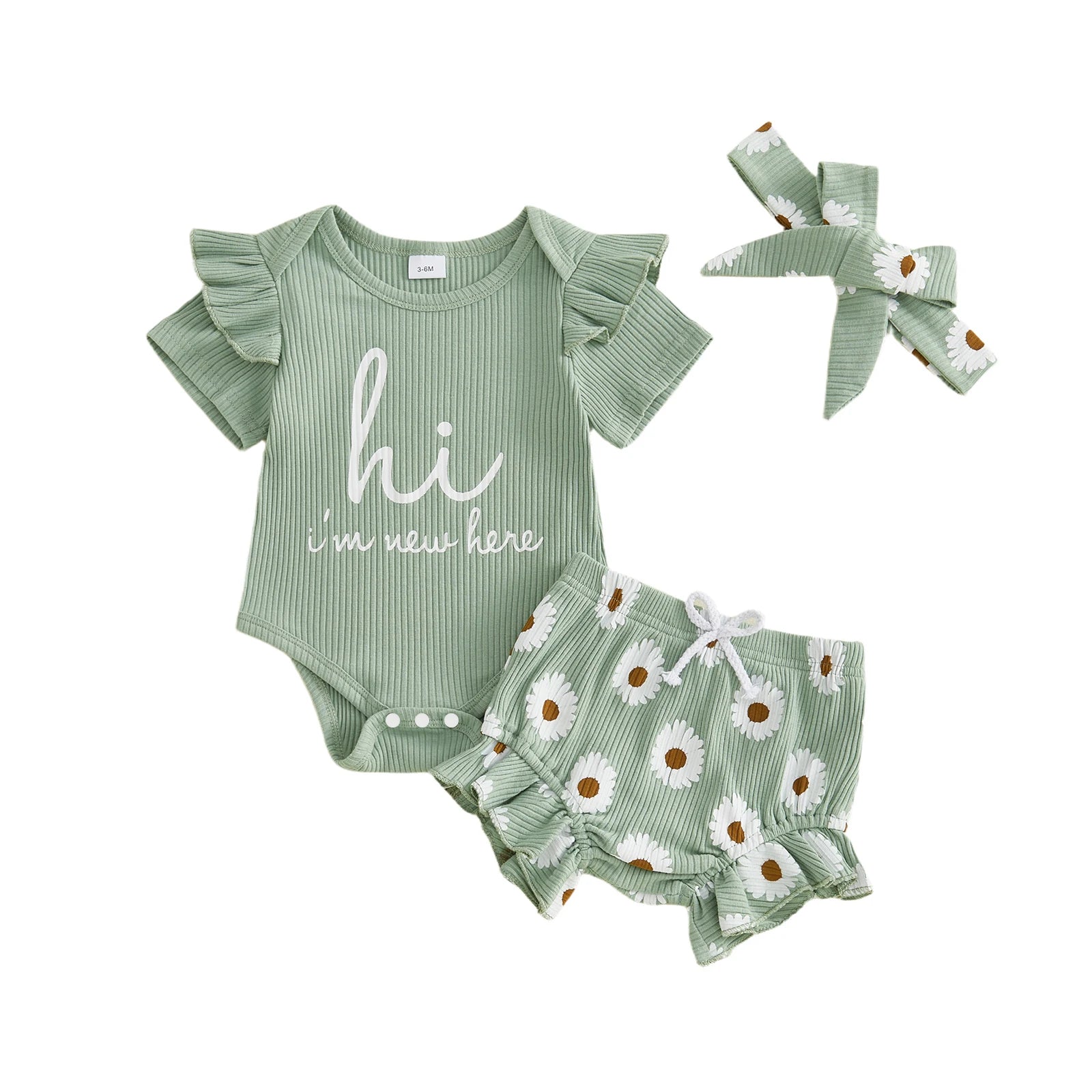 Toddler Girls Floral Print Romper Set with Ruffled Sleeves Matching Shorts and Bow Headband for Summer Outfits