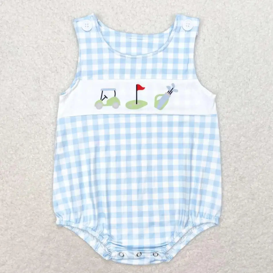 Hot sale Sleeveless ducks button Bubble romper boutique clothing Baby Boys Plaid Ducks Rompers Toddler