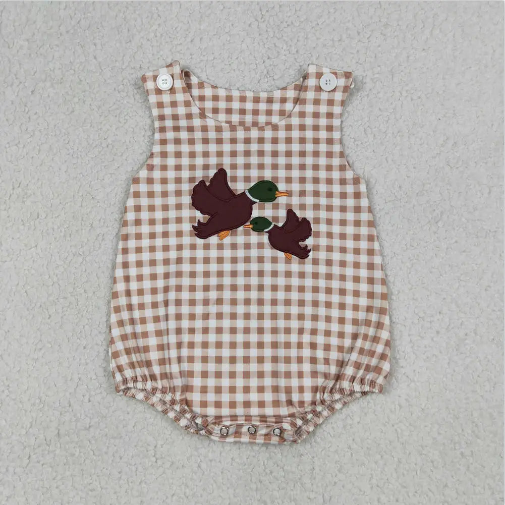 Hot sale Sleeveless ducks button Bubble romper boutique clothing Baby Boys Plaid Ducks Rompers Toddler