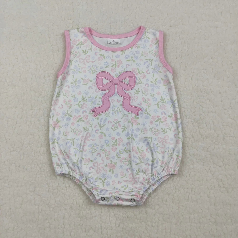 Wholesale Newborn Embroidery Bows Bubble Romper Toddler Kids Sleeveless Floral Clothes Baby Girl Children Summer Clothing