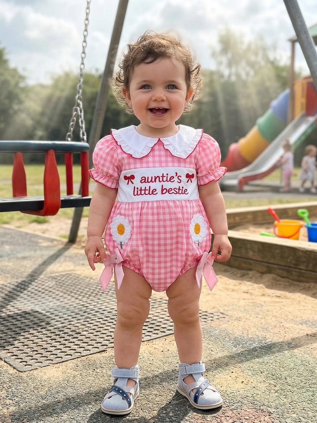 Baby Clothing Girls Short Sleeve Romper Letter Embroidery Plaid Doll Collar Bodysuit with Bow Newborn Clothes