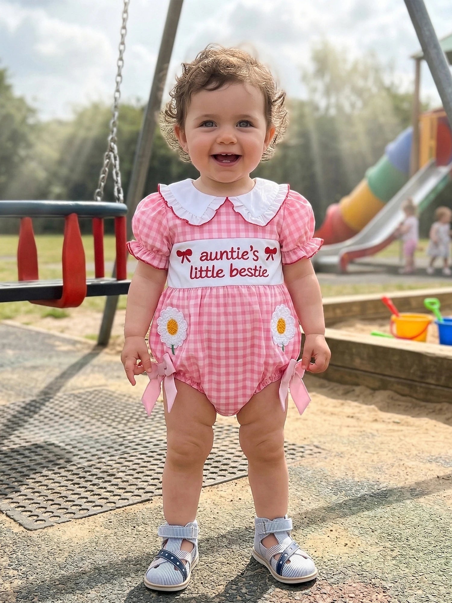 Baby Clothing Girls Short Sleeve Romper Letter Embroidery Plaid Doll Collar Bodysuit with Bow Newborn Clothes