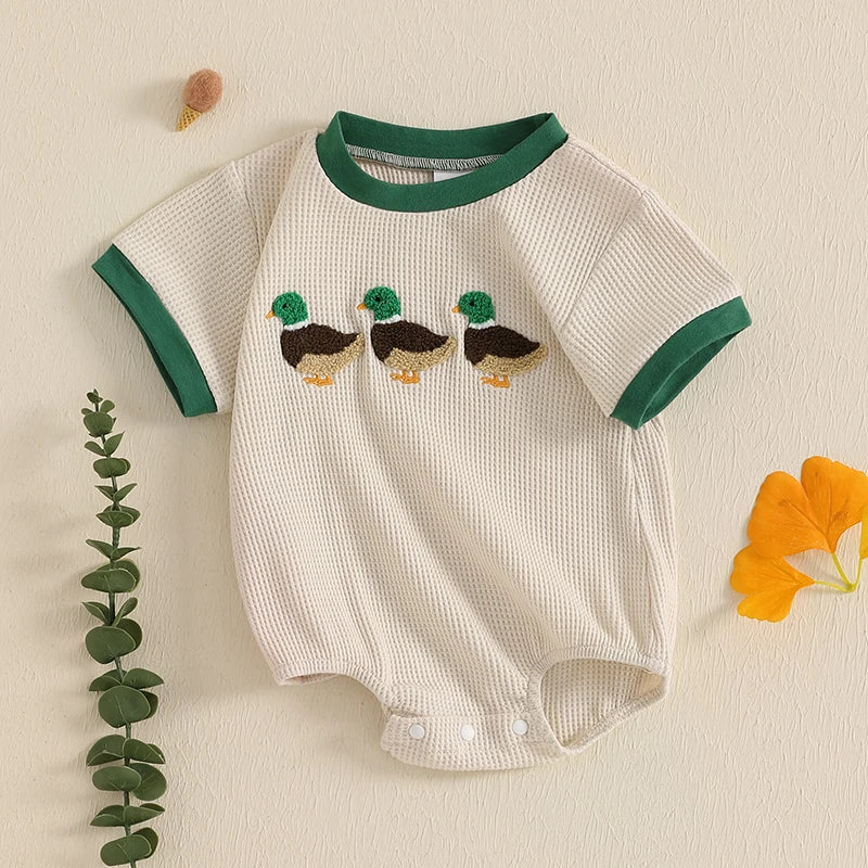 2025-01-13 Lioraitiin Newborn Baby Boys Girls Romper Short Sleeve Crew Neck Duck Embroidery Bodysuit Playsuit