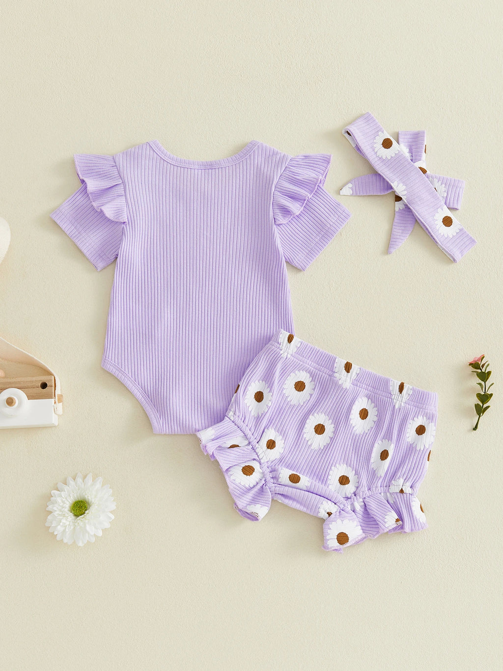 Toddler Girls Floral Print Romper Set with Ruffled Sleeves Matching Shorts and Bow Headband for Summer Outfits