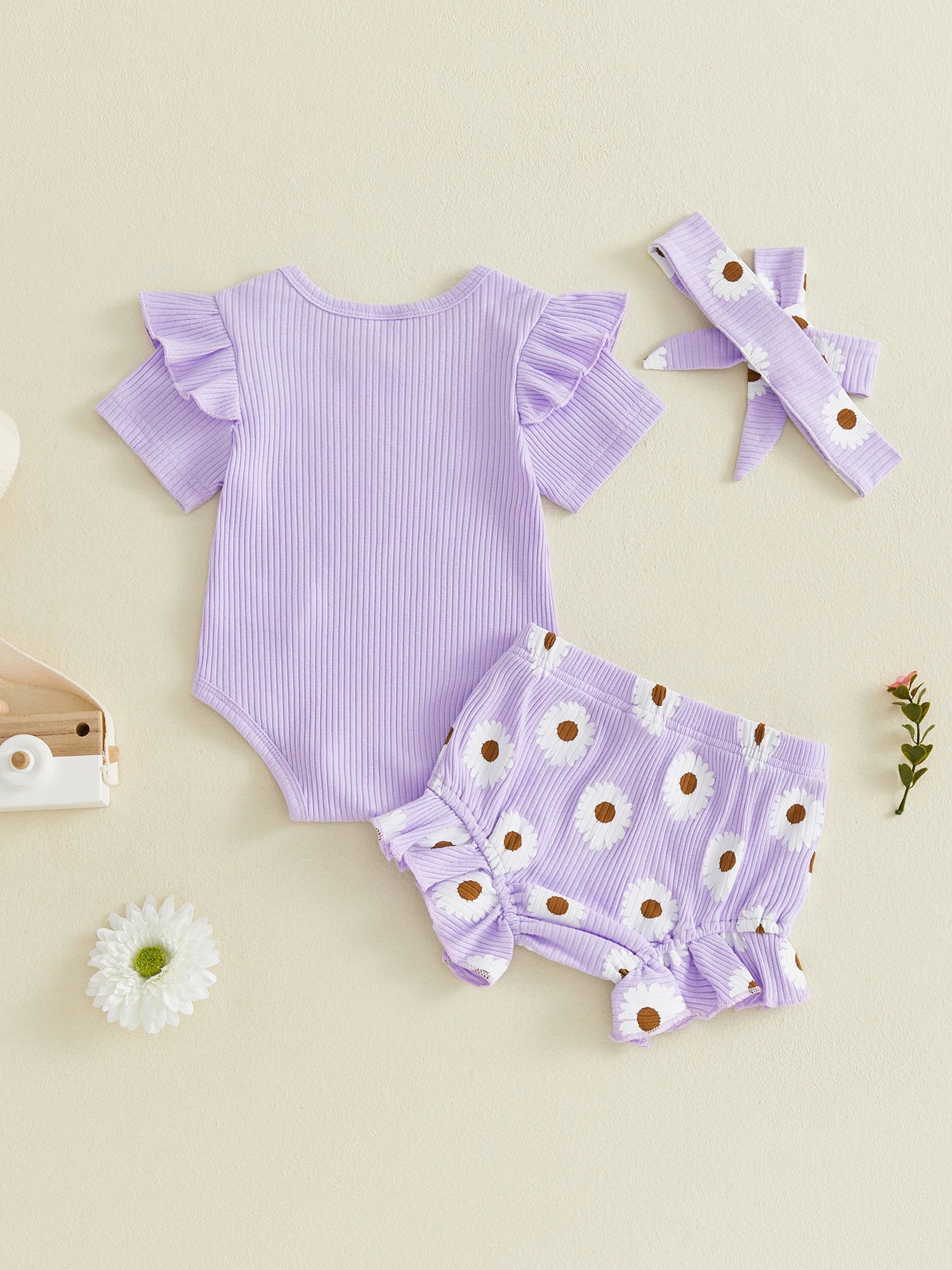 Toddler Girls Floral Print Romper Set with Ruffled Sleeves Matching Shorts and Bow Headband for Summer Outfits