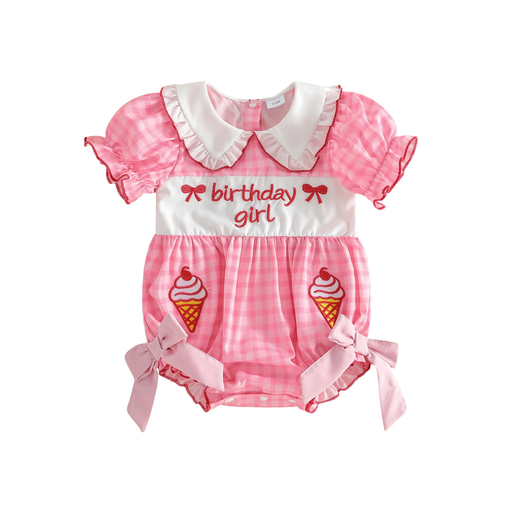 Baby Clothing Girls Short Sleeve Romper Letter Embroidery Plaid Doll Collar Bodysuit with Bow Newborn Clothes