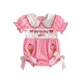 Baby Clothing Girls Short Sleeve Romper Letter Embroidery Plaid Doll Collar Bodysuit with Bow Newborn Clothes