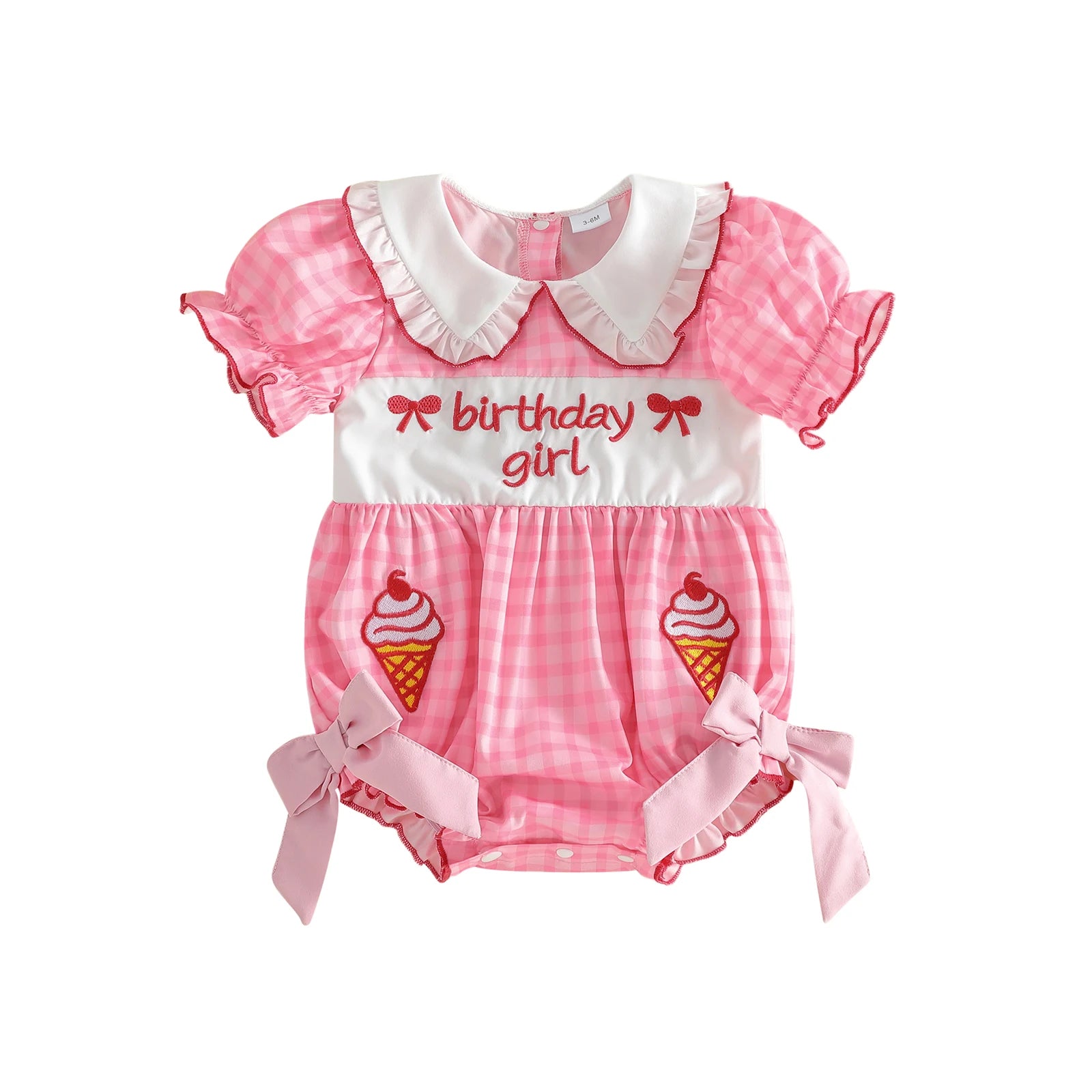 Baby Clothing Girls Short Sleeve Romper Letter Embroidery Plaid Doll Collar Bodysuit with Bow Newborn Clothes