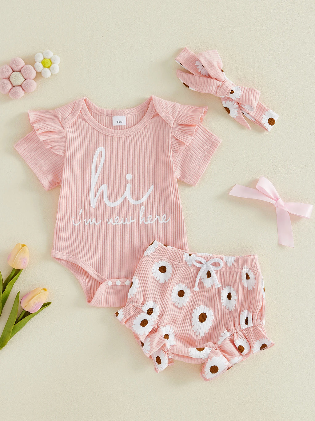Toddler Girls Floral Print Romper Set with Ruffled Sleeves Matching Shorts and Bow Headband for Summer Outfits