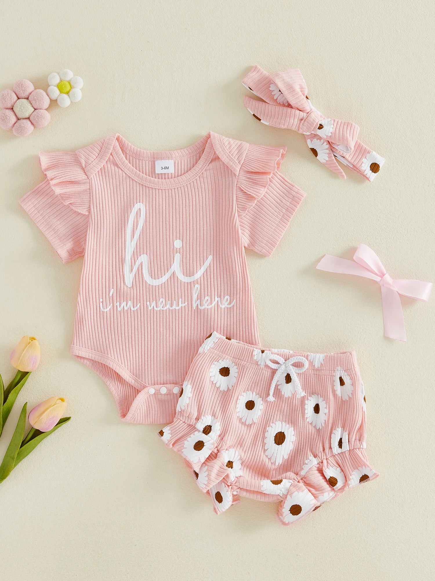 Toddler Girls Floral Print Romper Set with Ruffled Sleeves Matching Shorts and Bow Headband for Summer Outfits