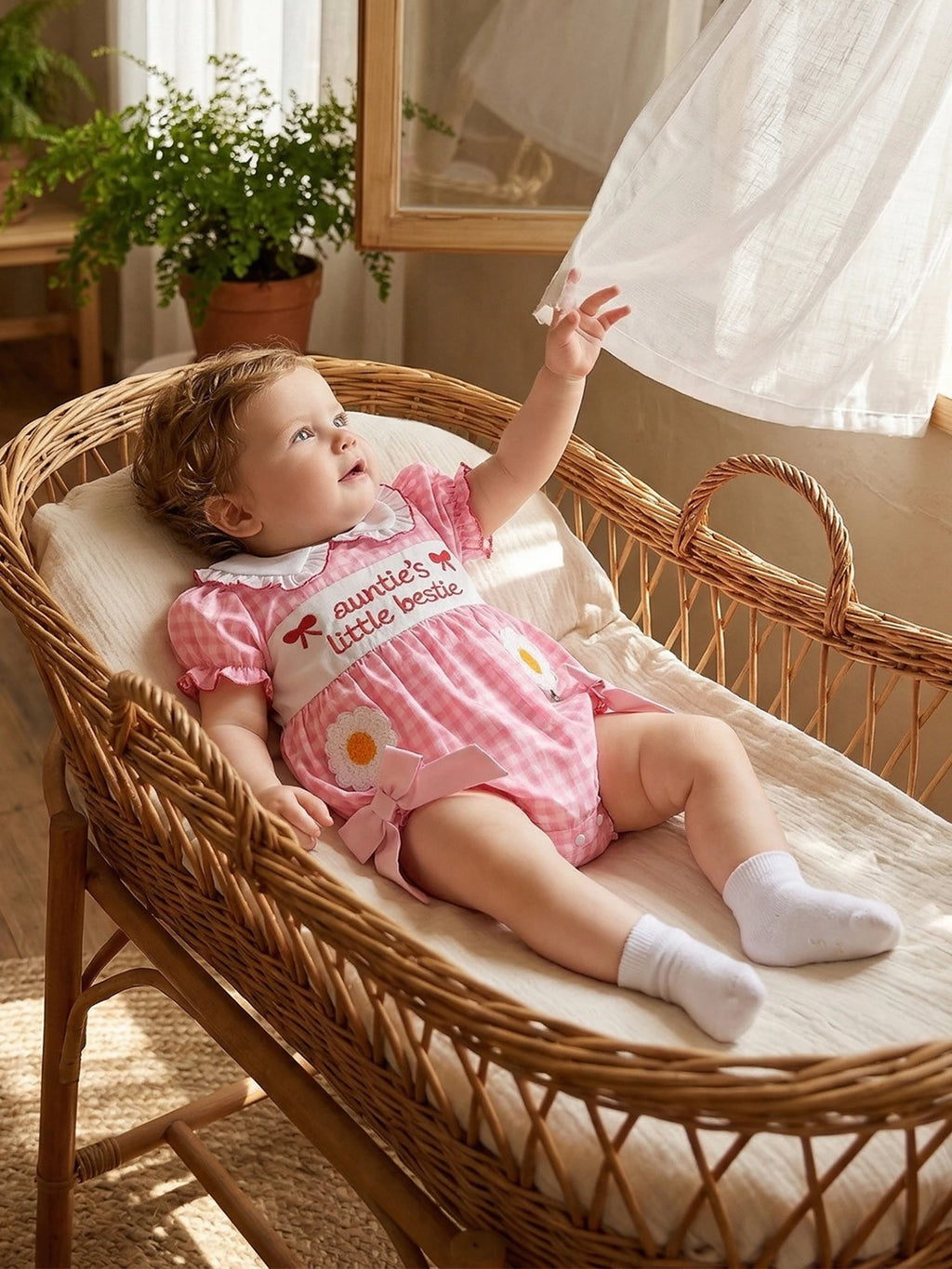 Baby Clothing Girls Short Sleeve Romper Letter Embroidery Plaid Doll Collar Bodysuit with Bow Newborn Clothes