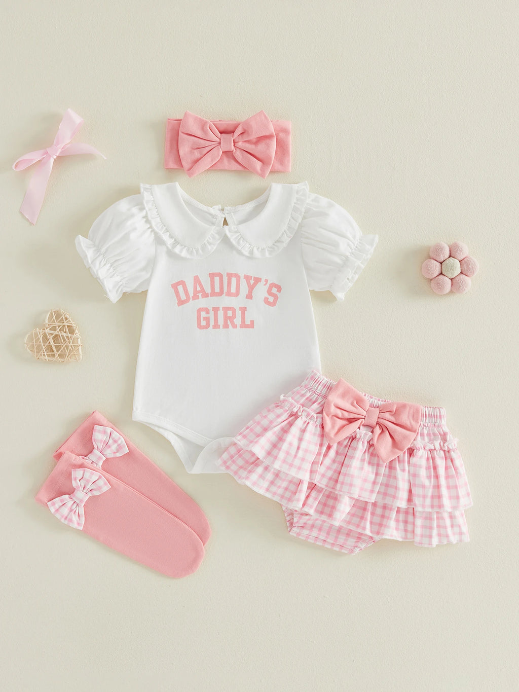 Baby Girls Cute Outfits Short Sleeve Doll Collar Romper Tutu Skirt Headband Socks Infant 4 Piece Sets 2026 Summer