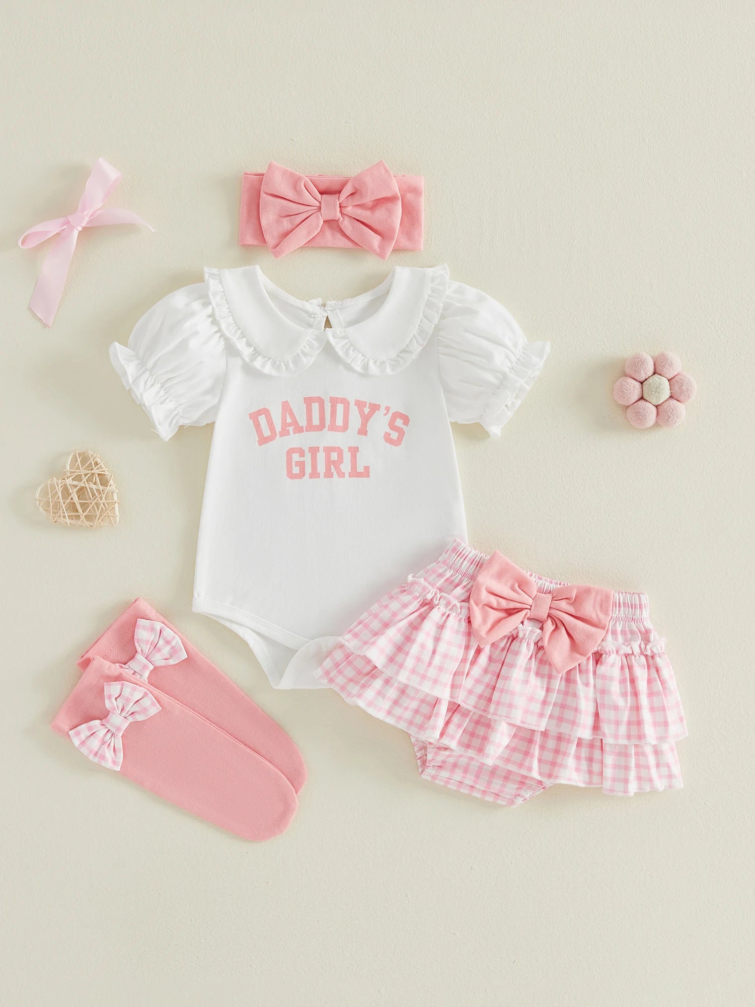 Baby Girls Cute Outfits Short Sleeve Doll Collar Romper Tutu Skirt Headband Socks Infant 4 Piece Sets 2026 Summer